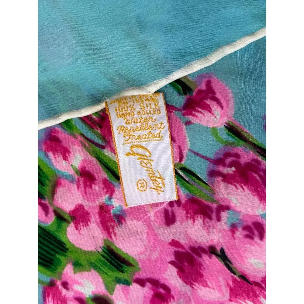 Glentex Silk Scarf Square blue with Purple Pink Floral Japan 30x30 vintage